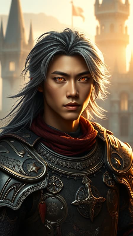 medieval fantasy portrait of a strikingly handsome Asian warrior in ornate armor, set against the backdrop of a grand fantasy castle bathed in the soft glow of early morning light; his hair, a sleek combination of ebony and silver, flows gracefully, while his eyes, illuminated with a captivating electric glow, reveal a hint of a mysterious and chilling intensity