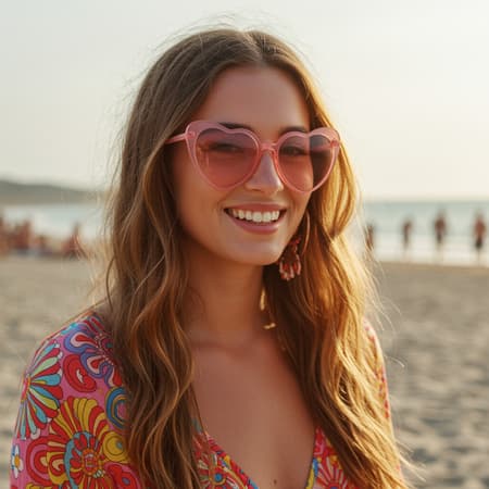 A half-body portrait of a free-spirited young woman with a slender frame, adorned in oversized, heart-shaped pink sunglasses with a warm rose tint. She wears a vibrant, kaleidoscope-patterned top with a daring plunging neckline. Her attire is a colorful homage to the 1960s beach scene bustling around her, where the sun casts a golden hue on the sand and the air is filled with the sounds of laughter and surf. Her carefree smile and the playful swing in her long, wavy hair capture the essence of the era's spirit.