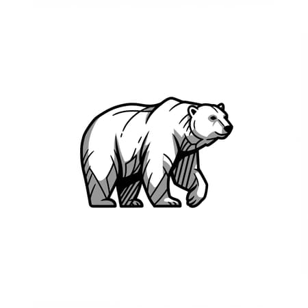 Logo featuring a unique polar bear in vector style, black and white with bold, clean lines. The bear is illustrated with a hint of abstract geometric elements, maintaining an outlined, minimalist design. Centered and isolated on a white background, capturing an innovative yet simple aesthetic.