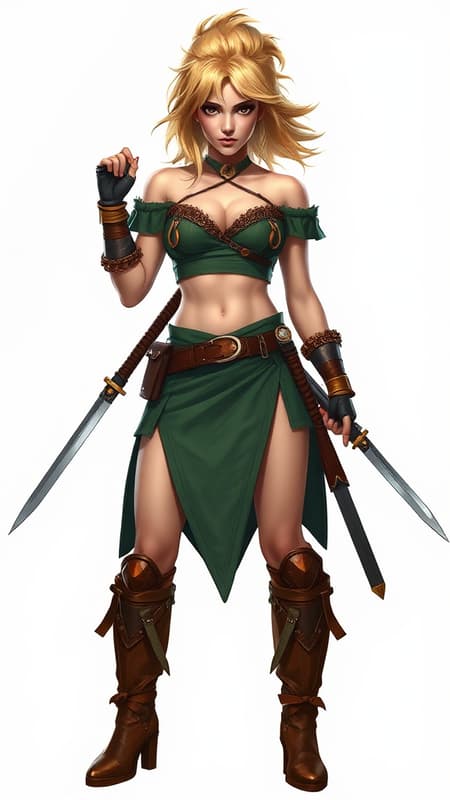 Supervillain, warrior, assassin. Caucasian female, medium height, thin but athletic, quick and dexterous. Brown eyes (always alert), thin eyebrows, average looks. Medim length sandy blonde hair just above the shoulders, middle parted with feathered Bangs and volumous feathered hairstyle. Off the shoulder hunter green crop-top with short sleeves and Copper chainmail armor accents, exposing her midriff. Copper bracers on arms. A triangular hunter-green short skirt, the long part in the middle and high on the sides of the hips, joined and held by Copper chainmail accents. Copper colored bucket boots just below the knees, medium boot heels. She carries 2 razor sharp katanas, electrified to zap her target as well as cut them. If she faces any sort of physical attack, she automatically teleports away from the attack. Her bosses send her when they want someone killed quick, and she's more than happy to oblige. Full body pose. Supervillain, warrior, assassin. Caucasian female, medium height, thin but athletic, quick and dexterous. Brown eyes (always alert), thin eyebrows, average looks. Medim length sandy blonde hair just above the shoulders, middle parted with feathered Bangs and volumous feathered hairstyle. Off the shoulder hunter green crop-top with short sleeves and Copper chainmail armor accents, exposing her midriff. Copper bracers on arms. A triangular hunter-green short skirt, the long part in the middle and high on the sides of the hips, joined and held by Copper chainmail accents. Copper colored bucket boots just below the knees, medium boot heels. She carries 2 razor sharp katanas, electrified to zap her target as well as cut them. If she faces any sort of physical attack, she automatically teleports away from the attack. Her bosses send her when they want someone killed quick, and she's more than happy to oblige. Full body pose.