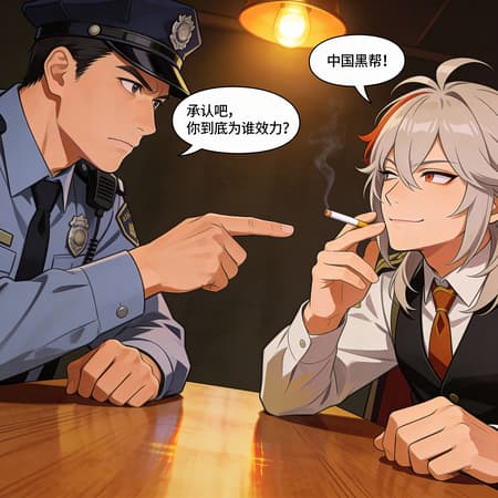 Police Officer Interrogates Confident Anime Character Create an image in portrait format. This is an interrogation scene, showing a close-up of two characters sitting at a table. The first character is the male police officer from image 1. He is serious and points at the second character sitting across from him. The man speaks, using a speech bubble: "承认吧,你到底为谁效力?" The second character is Paimon from the game Genshin Impact. The girl is confident, smoking a cigarette, and looking dismissively at the man with half-closed eyes. Paimon speaks the words in her speech bubble: "中国黑帮!"