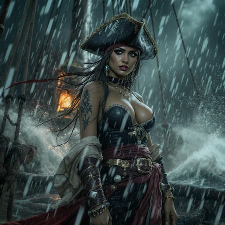 A waist-length body shot of a captivating lady pirate in the midst of a tumultuous storm, surrounded by dense and eerie atmosphere. Her light brown skin and Middle Eastern features accentuate her femme fatale allure. She is adorned in an exquisitely detailed pirate outfit with intricate accessories, each element meticulously rendered for photorealism. Her wet hair and clothes glisten as dramatic photography lighting captures the scene's intensity, highlighted by natural shadows and cinematic noise. The background, with its cinematic depth of field and atmospheric drama, enhances the scene's movie-like quality, enriched with VFX post-production and RTX tracing lighting for a breathtaking visual impact. A waist-length body shot of a captivating lady pirate in the midst of a tumultuous storm, surrounded by dense and eerie atmosphere. Her light brown skin and Middle Eastern features accentuate her femme fatale allure. She is adorned in an exquisitely detailed pirate outfit with intricate accessories, each element meticulously rendered for photorealism. Her wet hair and clothes glisten as dramatic photography lighting captures the scene's intensity, highlighted by natural shadows and cinematic noise. The background, with its cinematic depth of field and atmospheric drama, enhances the scene's movie-like quality, enriched with VFX post-production and RTX tracing lighting for a breathtaking visual impact.