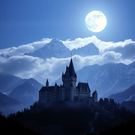 AI Towering Mountains Design In the background, towering mountains emerge, their snow-laden peaks shrouded in a misty veil of clouds. The mountains radiate a deep, rich indigo hue, interspersed with hints of lavender and slate that dance and shift with the changing light. They seem to extend endlessly across the horizon, evoking a profound sense of depth and scale that captivates the gaze. The scene is bathed in a gentle, ethereal light, with the full moon cascading a silvery luminescence across the landscape. This moonlight accentuates the delicate textures and intricate details of the grand castle and its surrounding terrain, imbuing it with a vivid sense of dimension and realism. The shadows are profound and shadowy, tinged with shades of indigo and violet that enhance the overarching feeling of mystery and allure. The entire image is a symphony of stunning beauty and wonder, where the majestic castle and the enchanting natural surroundings coalesce to inspire a sense of awe and enchantment.