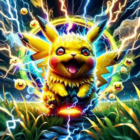 high quality art , taken with a professional grade camera with exquisite color grading , full body , massive pikachu , happy face ,mouth , tongue , fangs , pokemon , grass around , real , photoreal , strong legs and hands , fluffy , 35mm , lightnings and thunder around , (tries to hug:1.2) , large claws on hands, electric aura around
