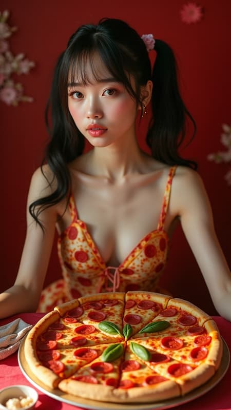 Cuisine-inspired Vogue Runway Model with pastel candycore pigtails, porcelain skin, and delicate pink lips, adorned in a dress crafted from vibrant slices of pizza, reclining elegantly on a richly decorated table. Surrounded by deep, luscious hues, the scene is an intricate masterpiece of artwork, featuring a strikingly detailed, high-quality model. Her eyes are captivating and enhanced, exuding cinematic allure, captured in epic 4k resolution with a sharp, focus reminiscent of a futuristic blade runner aesthetic.