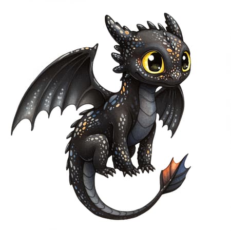 Vibrant watercolor illustration featuring an adorable black baby dragon with enchanting large yellow eyes and delicate wings, set against a stark white background. The dragon is depicted in a richly detailed ornamental style, with subtle shading that gives depth and an elegant flourish to its form. The dark mode theme accentuates the colorful highlights and intricate patterns on the dragon's glossy scales, creating a captivating contrast.