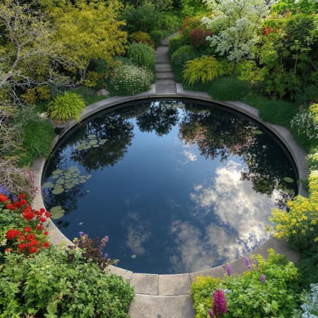 Circle of Serenity: Imagine a tranquil oasis where time stands still, surrounded by lush greenery and vibrant flowers. In the center lies a perfectly round, reflective pond, its surface as smooth as glass, mirroring the sky's ever-changing colors. This serene haven offers a sanctuary for weary souls seeking peace and harmony amidst the chaos of the world.