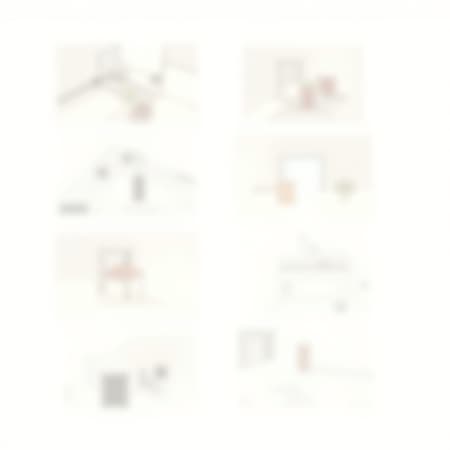 A sequence of scenes depicted in an isometric view with a style reminiscent of delicate brushstrokes on a white background, featuring a palette of muted colors, capturing the essence of architectural spaces with simplicity and elegance, exploring shadow and light with subtle contrasts.