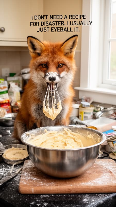Photorealistic image of a mischievous red fox in a messy kitchen, sitting on a countertop. The fox is holding a whisk covered in batter in its mouth, with flour on its nose, looking directly at the viewer. A stainless steel mixing bowl overflowing with batter is prominently in the foreground, next to a wooden cutting board dusted with flour. The kitchen counter is cluttered with various baking ingredients and utensils, suggesting a chaotic baking session. Bright, natural overhead lighting, warm and inviting atmosphere. The colors are natural and earthy, dominated by the fox's red fur, the beige batter, and the dark countertop. The fox's expression is playful and slightly guilty. Wide shot, eye-level perspective. A white window frame is visible in the background, to the right. Text overlay: "I DON'T NEED A RECIPE FOR DISASTER. I USUALLY JUST EYEBALL IT."