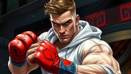 Illustration of a muscular young man with short brown hair, a tough and intense gaze, and strong, calloused hands, wearing a white dragon hoodie. He exudes the aura of a seasoned fighter, with scars and marks of battle etched on his face and body. Sweat glistens as if captured in motion, conveying speed and a blur effect, capturing him in a dynamic, epic action pose. The setting is a dark boxing club, where he is caught in the middle of a fierce battle. The painting style is inspired by Prokoko, characterized by bold, expressive brushstrokes and vivid colors, while the background is open to artistic interpretation. The modifier is CarnageStyle, emphasizing blood_red as the dominant color, set at an intensity of 1.6. The lighting is cinematic, with a dynamic angle, highlighting extreme details. Creative modifications are welcome, provided the essence of the concept is maintained.