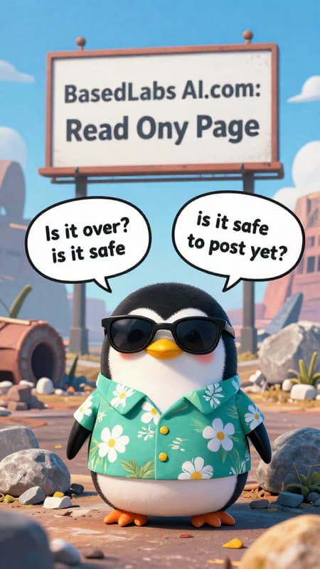 Cute Penguin In Hawaiian Shirt Apocalyptic Landscape Create for me a funny cartoon image. The image features a cute and fluffy penguin in a hawaiian shirt with sunglasses emerging from under a rock in an apocalyptic lanscape. The billboard in the background says "BasedLabs AI.com: Read Only Page". The penguin says "Is it over? is it safe to post yet?"