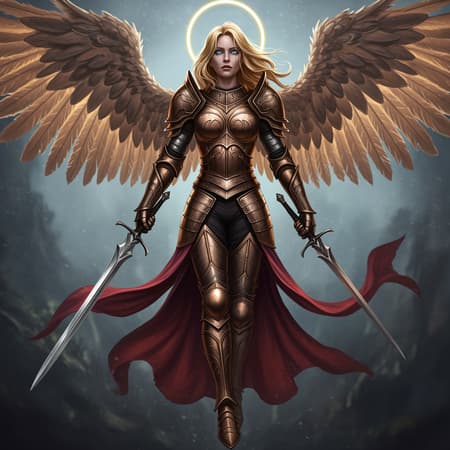 An ethereal female warrior archangel exuding haunting beauty, with long flowing blonde hair and striking blue eyes set against pale skin. Her symmetrical, narrow features radiate an angelic aura. She is adorned in intricately detailed bronze plate armor with shimmering silver pauldrons, complemented by majestic armored wings. In a dynamic, graceful pose, this fantasy-inspired, photorealistic figure embodies the elegance and power reminiscent of a D&D universe. With hyper-realized, ultra-detailed craftsmanship, every aspect of her appearance is rendered in cinematic 8k, capturing an otherworldly essence.
