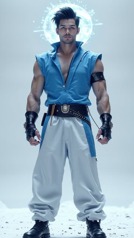 Male super-hero of Asian heritage, probably Japanese-American, ultra futuristic cyberpunk style. Tall, slim but muscular, sinewy. Short, black spiky fade hairstyle, close cut on the back and sides, longer on top. Black eyes, strong brow and jaw, high cheekbones, handsome. Clean shaven, no facial hair. Sleevless V-neck jacket, periwinkle blue in color, pointed at the shoulders. Pants are white and slightly baggy cyberpunk style, tapered at the bottoms, but roomy enough for him to fight. Black leather belt with metal studs around his waist. Short black leather bracers around his wrists. Black leather ankle length boots on his feet. 

Pale blue energy swirls around the crown of his head like an atom, constantly moving. He is a psionic with telekinesis and telepathic powers. He can move objects with his mind and attack with mental energy. Full body pose, likely using his power to levitate. 