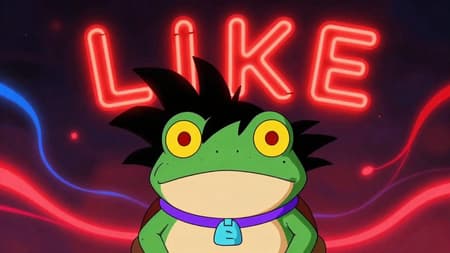 Whimsical Toad With Anime Hair And Neon Like Cartoon style image of a toad with spiky black anime hair (Goku's hair) and bright yellow and red eyes, wearing a purple collar with a light blue tag, centered against a dark background of swirling red and blue light trails. Above the toad, the word "LIKE" is spelled out in glowing red-orange neon letters, matching the background light. The toad is looking slightly to the left with a neutral expression. The overall mood is whimsical and surreal, with vibrant colors.