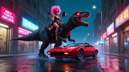 A vibrant digital art illustration of a punk rock woman with pink hair and sunglasses, holding a boombox and an Uzi, riding a robotic T-Rex down a rain-soaked cyberpunk street at night. The T-Rex has mechanical enhancements, glowing eyes, and mounted guns. A red Ferrari Testarossa with glowing headlights is parked nearby. Neon signs illuminate the wet asphalt with reflections of "NEO-TOKYO ARCADE," "CYBER-TEETH REPAIR," "LAZERGUNS," and "БУМБОКСЫ." The mood is energetic and futuristic, with a strong 80s aesthetic. The lighting is dramatic with bright neon contrasting with the dark, rainy city. The image has a "REC" overlay, like a camcorder recording.