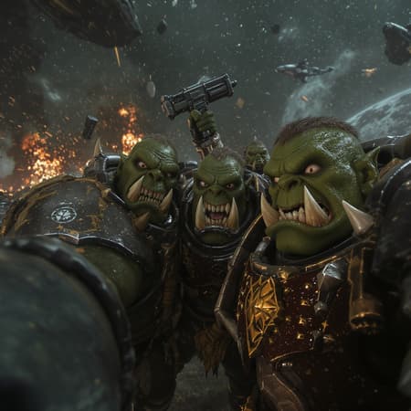 AI Space Orcs Design Space orcs capturing a candid selfie amidst a galactic battlefield, award-winning photograph set in the Warhammer 40k universe, RAW image, 8k ultra-high definition, DSLR clarity, enveloped in ethereal volumetric lighting, exceptional detail quality, atmospheric film grain, captured with the precision of a Fujifilm XT3, showcasing their boisterous camaraderie amidst the chaos of war.