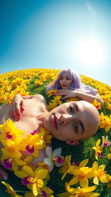 High quality creative fashion image captured with a Hasselblad camera, set at 200 ISO and f/11, utilizing a Sigma 15mm fisheye lens. The scene features an ultra-realistic depiction of a woman with long lavender pastel hair, lying down alongside a man with a shaved head. They are positioned on a vibrant green hill, abundantly covered with neon yellow orchids. The focus is sharp, bathed in bright sunlight, and the atmosphere is tinted with vivid magenta hues, evoking an ethereal, dreamlike quality, shot in a DSLR aspect ratio of 2:3.