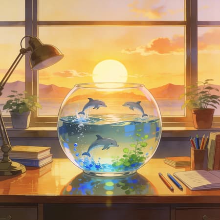 Anime style, cozy, warm aesthetic. A large, clear glass bowl with water and small jumping dolphins on a wooden desk, bathed in golden hour sunlight. The bowl is the central focus. In the background, a large window reveals a serene sunset with a bright sun, soft clouds, and distant mountains. Potted plants flank the window. To the left, an old-fashioned desk lamp. The desk itself is polished wood, holding books, pens, and pencils. The lighting is soft and warm, creating a peaceful and nostalgic mood. Golden and amber hues dominate, with splashes of blue and green from the water and plants. Detailed reflections and refractions in the glass and water.