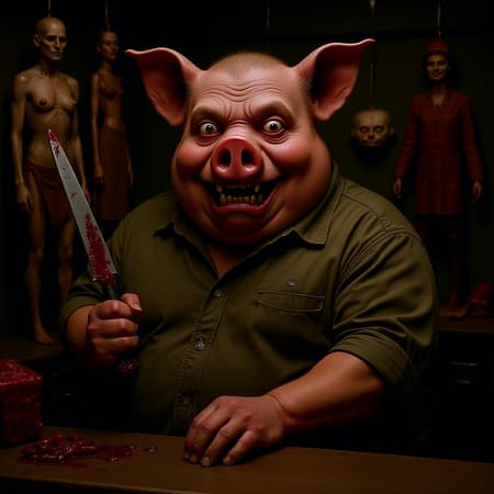 A grotesque scene of a rotund pig working as a butcher, surrounded by hanging human body parts in a dimly lit shop. The pig has a creepy smile with broken teeth and stares directly at the camera, clutching a bloody butcher's knife. The ambiance is eerie with warm, dramatic lighting, captured in hyper-realistic photography that’s trending on ArtStation. The creature is highly detailed with blood-stained clothes and an unnervingly dramatic color palette. Its anatomy is distorted, featuring a long neck, elongated body, and an unsettling face with skewed eyes. Deformities include conjoined and deformed fingers, an extra limb, and missing limbs. The eyes seem unnatural, adding to the imperfect and unsettling appearance. Despite the hyperrealism, the image retains an air of the bizarre and fantastical.