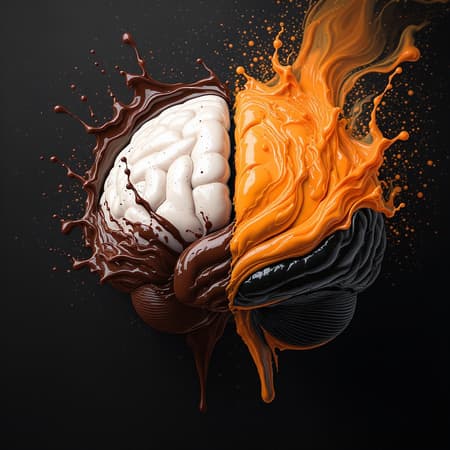 A striking visual of two contrasting brains: on the left, a pristine white brain with rich dark chocolate liquid swirling around it; on the right, an ebony black brain partially embraced by vibrant swirls of light orange oil paint. The background is a deep charcoal gray, adding depth and intensity to the scene. The liquid and paint appear in motion, suggesting flow and energy, while the brains symbolize a fusion of thoughts and ideas amid contrasting elements.