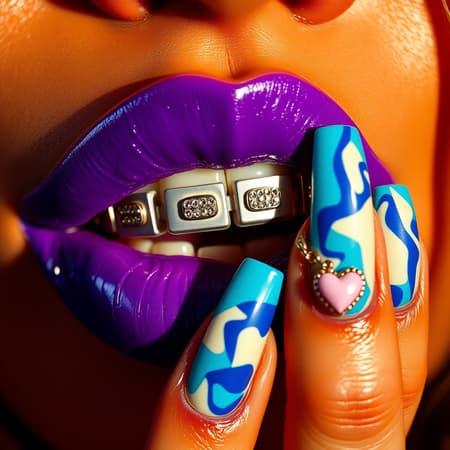 A close-up photograph captures glossy violet, slightly parted lips with an alluring twist, showcasing teeth adorned with sleek silver grillz. The lips glisten with a mirror-like shine, reflecting light intensely. Elegant, vibrant acrylic nails display a striking abstract pattern in shades of turquoise, cobalt, and cream, pressing gently against the lips. One distinctive nail features a playful pink heart charm surrounded by miniature rhinestones. The lighting is artfully moody and cinematic, casting warm amber hues and delicate shadows. The image exudes a gritty, film-like texture, evocative of high-fashion editorial shoots. Shot with a macro lens, it features a shallow depth of field, high contrast, and a nostalgic 35mm film aesthetic.