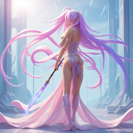 Digital illustration of a stunning neofuturistic woman with flowing iridescent rainbow-colored hair, capturing a full body view in a wide-angle shot. Her back is prominently displayed, adorned with intricate tattoos. She has a contemplative expression and grips a slender wand instead of a whip. The pose is dynamic and the scene is infused with pastel colors, with a composition that draws the eye. Light flares accentuate the realism, set against a backdrop of futuristic urban landscape. The image showcases super detailed craftsmanship, achieving the quality of an 8k masterpiece, presenting an engaging and immersive full body portrayal of the subject.