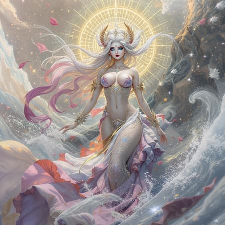 Aphrodite-inspired Greek mythology character, reminiscent of a One Piece character, featuring a symmetrical and detailed full body with cinematic lighting and high contrast, artstation-quality character concept art in 8K. The background embodies the essence of love, with ethereal motifs and hints of the sea. The design incorporates intricate patterns and textures, highlighting divine beauty and elegance, with stylized elements that capture a mythical and adventurous atmosphere in a 9:16 aspect ratio.