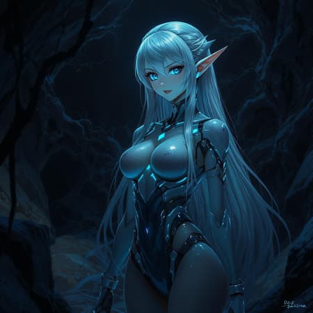 Elf Galadriel Elf Galadriel adorned in a sleek robotic attire amidst shadowy surroundings, equipped with earphones, portrayed in a daz3d-inspired anime art style. The color palette blends cyan and black hues, reminiscent of a Ricoh FF-9D camera aesthetic. Her ensemble reflects a fusion of sandalpunk elements with a hint of babycore design.