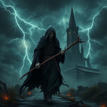 An eerie night unfolds with a gaunt, enigmatic wizard brandishing a twisted staff, draped in tattered black robes, as he strides towards a foreboding tower silhouetted against a tempestuous sky lit by jagged lightning. The scene evokes the grandeur of Dungeons and Dragons, illuminated by iridescent rays of shimmering light that dance across the landscape. This image is reminiscent of the moody artistry of Doug Beekman and Jaime Jones, captured in stunning 8k resolution with ultra-high detail, each element exuding an atmospheric intensity.