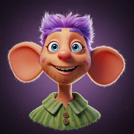 Portrait of a whimsical character, vibrant colors in a disney-inspired style, 3D rendering with ultra high quality, 8K resolution. Front lighting highlights ultra detailed features, blending soft and low saturation hues. The cartoonish and imaginative design captures a sense of wonder and magic. The digital painting resonates with trending styles on Artstation, channeling concept art influences from Peter de Sève and Carter Goodrich. The composition maintains playful elements with a touch of artistic sophistication.