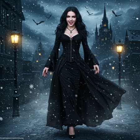 A stunning vampire woman strolls through a Victorian city shrouded in winter's chill, exuding elegance and mystery. Her manicured black nails contrast dramatically against the white snowflakes that dance around her. Her luxurious long hair frames a detailed, symmetrical face, with bangs softly caressing her forehead. She smiles with an open mouth, revealing a hint of her fangs. Her reflective eyes, accentuated by mascara and artful makeup, capture the ambient light. Dust particles float in the air, caught in the complex interplay of rim and chiaroscuro lighting. Her black vampire dress flows like shadows, and she walks confidently in high heels with a gothic castle silhouetted against the starlit night sky. Bats flit across dark clouds, completing the ethereal scene, all rendered in the style of a majestic, professional oil painting reminiscent of works by Waterhouse, John Constable, and Studio Ghibli, yet trending on ArtStation and CGSociety. The composition is intricate, with high detail, embodying the dramatic essence of Makoto Shinkai's Kyoto and Jeremy Mann's portraiture.