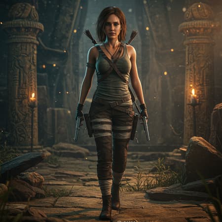 Full body portrait of Jessica Alba as an adventurous tomb raider, featuring ultra-realistic 8K resolution with cinematic lens flare and atmospheric glow. The scene is filled with vibrant colors, intricate details, and hyper-realistic elements, capturing a stunning cinematic portrayal. Showcased with cutting-edge Unreal Engine 5, the environment is rendered with exquisite attention to lumen reflections and photographic depth. Featuring a hyperrealism CGI approach in 3D with exceptional lighting, designed as a masterpiece that trends on art platforms. Enhanced with Octane render effects for a striking and immersive environment. The character is portrayed perfectly without anatomical errors, maintaining realism and focus on accurate details.