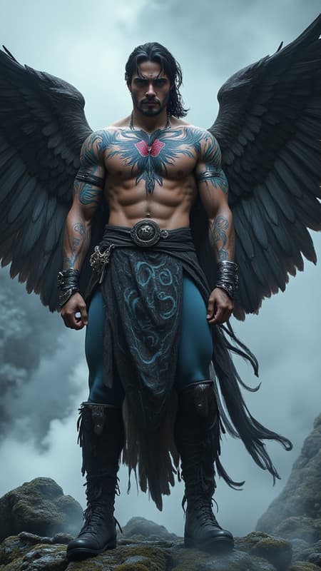 Super-hero, shaman, mystic warrior. Male Native American/Indian man. Young and proud super-hero.He can fly with his hawk-like wings. He also controls the weather, heals people, and has contact with the Great Spirit. Tall, muscular, sinewy, broad chest, strong. Handsome, high cheekbones, strong jaw. Dark eyes, intense and spiritual. Red and blue warpaint on face.  Jet-black hair medium length bob, hangs slightly over eyes. Bare chested, minimal body hair. Red, blue and black Hawk tattoo on chest. Blue swirly pattern tattoos on arms, shoulders and parts of the torso. Azure blue tights with white swirly patterns. Black bracers on arms. Soft, slouchy knee-high black boots. Long black sash-belt around waist, magic medicine bag attached.  Huge grey and black Angel wings on his back, unfolded and spread out, the colors of a Hawk. Misty-bluish aura, magical. Full body pose, flying in air. He watches over the land and all the people in it. 