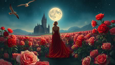 A woman in an elegant crimson gown stands gracefully in a sprawling field of vibrant roses, illuminated by the soft glow of a full moon hanging in the starry night sky. In the distance, a magnificent castle adds a touch of mystique, its towering spires reaching towards the heavens. The scene is detailed with fantasy elements, reminiscent of the styles of Charlie Bowater and Stanley Artgerm Lau. Overhead, sea birds glide seamlessly through the moonlit atmosphere. The painting captures an enchanting, surreal ambiance, free from imperfections, with a focus on harmonious proportions and unblemished details.