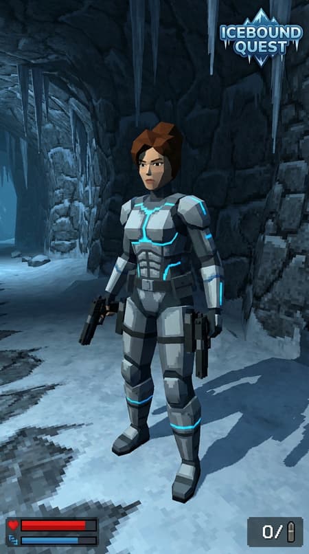 Low-poly 3D render of a female character, similar to early PlayStation era Lara Croft, with a brown updo, wearing futuristic grey and white tactical armor, holding two black automatic pistols. She stands centered, looking directly at the viewer. The background is a dark, icy cave with rough stone walls, icicles, and patches of snow on the ground, creating a cold, mysterious atmosphere. Lighting is dim, emanating from an unseen source to the left, casting subtle shadows. The color palette is dominated by dark greys, browns, and whites, with minimal blue accents on her armor. The overall mood is tense and adventurous. Early 2000s 3D game graphics, pixelated textures.