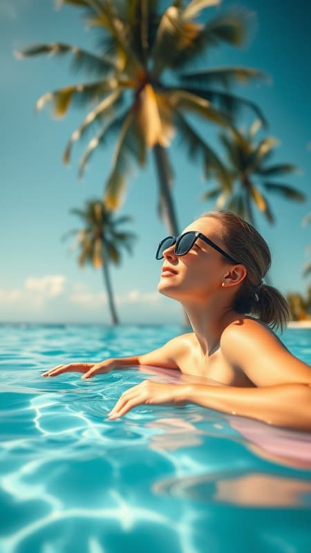 A young woman drifts peacefully on a pool float, the shimmering water mirroring the sunny sky on a sweltering summer afternoon, her fingers skimming the surface as she gazes up through her sunglasses at the gently swaying palm trees against a backdrop of endless blue, her surroundings a serene blend of warmth and tranquility, as a gentle breeze carries the scent of blooming tropical flowers.