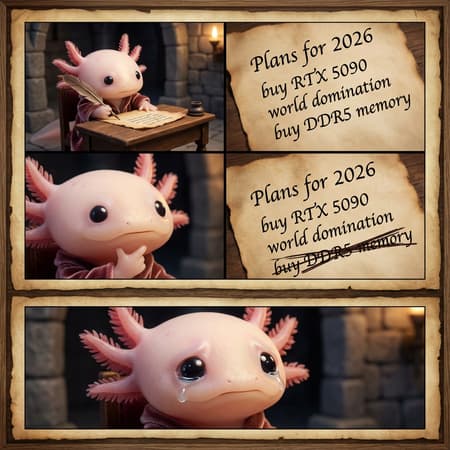 Cute Axolotl Meme Cinematic Composition 8K resolution, incredibly detailed, cinematic composition, depth of field, Z-Image realism engine, highly detailed skin texture, award-winning photography, Z-Image Turbo quality.
A split-image composition: on the top, a cute axolotl with dot eyes in a chamber of a castle sitting at a desk writing on an ancient paper sheet, below that it shows what is on the paper, he is writing on on an ancient paper sheet, on an ancient paper sheet it shows hand writen text, "Plans for 2026" and a itemized list "buy RTX 5090, world domination, buy DDR5 memory". under that it shows a close-up of the axolotls face in a thinking position, under that it shows the ancient paper sheet again but the text "buy DDR5 memory" is now crossed out multiple times aking it unreadable
; on the botom, below that it shows the axolotl now sad his eyes all glossy and he's is crying very sadly