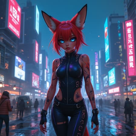 A vibrant redhead fox-girl with striking blue eyes stands in the bustling, futuristic expanse of a cyberpunk night city, illuminated by a kaleidoscope of neon lights. Her sleek, high-tech outfit glows with LED patterns, casting reflections on the slick, rain-soaked streets. The skyline is a horizon of jagged skyscrapers piercing through a misty haze, each building adorned with pulsating advertisements in bold, electric colors. In the background, the hum of distant hover vehicles complements the chatter of city life. She confidently navigates through the urban landscape, embodying the spirit of a cyberpunk 2077 world, her presence a captivating blend of organic allure and cybernetic cool.