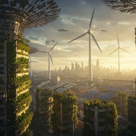 Award-winning portrayal of a solarpunk cityscape featuring expansive vertical gardens, golden sunlight streaming through advanced solar panels, and an ecologically sustainable design. The scene includes intricately detailed wind turbines set against a futuristic city background, evoking a sense of visionary futurism, inspired by Hayao Miyazaki. Captured with a Nikon D850 using film stock photography, the image showcases rich colors and hyper-realistic textures, with dramatic lighting akin to Cinestill 800 photography. It exhibits vibrant contrasts and a bright atmosphere, maintaining a lifelike quality. Despite potential imperfections such as jpeg artifacts or other minor distortions, the overall aesthetic remains stunning and imaginative.