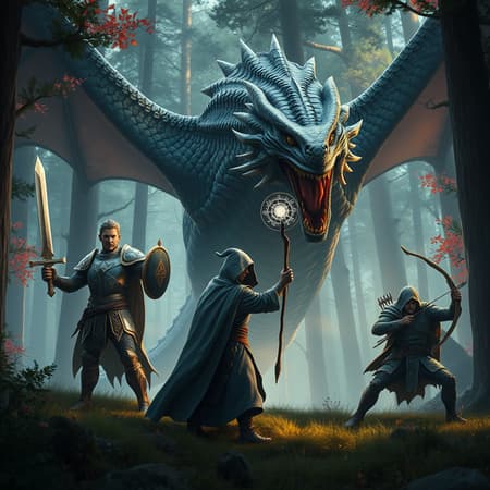 A dramatic and highly detailed image of an epic fantasy battle unfolds in a vibrant but subtly colored forest. A valiant paladin stands boldly in ornate armor, his sword and shield emitting a gentle, ethereal glow. Accompanying him, a mysterious wizard cloaked in a hooded robe, adorned with intricate arcane symbols, wields a staff crowned with a softly luminescent orb. The wizard's features are obscured by the hood, enhancing his enigmatic presence. On the other flank, a skilled ranger dressed in an intricately detailed leather cloak grips a longbow, poised for action. The trio confronts a colossal, three-headed dragon, its scales rich in texture but with softly muted hues, lending an air of majestic terror. The forest's sharp, clear lighting accentuates the precise details of the heroes and their formidable foe, enveloping the scene in natural, understated tones that bring the epic confrontation to life.