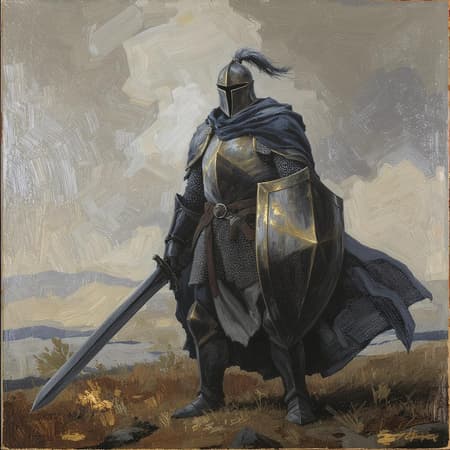 A depiction of a valiant knight donning a shield and a flowing cloak, inspired by adventure pulp fiction, with a dark white and bronze palette. The image is mottled and influenced by Yup'ik art, characterized by bold strokes resembling heavy palette knife use. Light indigo and green hues permeate the scene, capturing the essence of an era spanning from 1970 to the present. The composition is balanced and vertical, emphasizing the knight's stature, with an added mystical aura reflecting subtle, imaginative deviations.