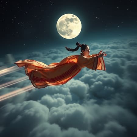 A dynamic aerial tracking shot from the drone's perspective captures a surreal dream sequence featuring an ancient Chinese beauty in an intricately embroidered Hanfu, jetting through the night sky in a graceful prone position. She whizzes through the ether with arms elegantly outstretched, legs gently apart, head leading the flight, embodying the essence of seamless horizontal gliding. Her Hanfu flows dramatically in the wind, the camera closely tracking her from a slightly higher vantage, shifting from left rear to right rear, ensuring a continuous view of her poised flight as she swiftly moves across the scene. The environment transitions rapidly, with ethereal clouds below and streaks of white mist rushing past, a colossal moon suspended in the distance, and a dazzling starry canvas enveloping her. Motion blur and luminous trails accentuate the sensation of velocity and fluidity in her ethereal flight.