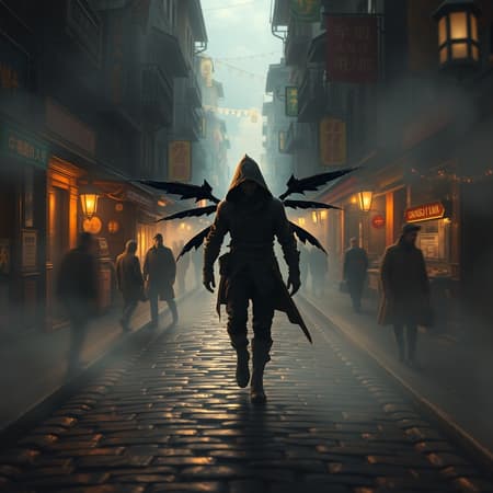 City Thieves, Its Artwork A bustling city of cunning thieves, its narrow streets alive with vibrant energy, reminiscent of a masterpiece painted in 8k, infused with a hint of fantasy. The scene is filled with mist, creating an air of mystery, as volumetric lighting casts a warm glow on cobblestone paths. In the foreground, a skillful thief walks confidently, their full-body silhouette framed by an intriguing depth of field. The atmosphere hints at the artistic style of Artgerm, a true vision trending on ArtStation. Despite the intricate detailing, there is a whimsical twist as peculiar elements like extra wings and unexpected toes subtly blend into the surroundings, adding a layer of surreal charm. Out of frame, the city extends its labyrinthine arms, whispering tales of hidden escapades, while the mist conceals secrets yet to be uncovered.