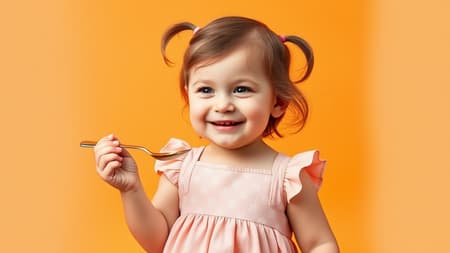 A professional studio photograph of an adorable 3-year-old British girl in a pastel-colored dress, playfully holding a spoon against a bright orange background, her eyes sparkling with curiosity and a delightful giggle on her face. A professional studio photograph of an adorable 3-year-old British girl in a pastel-colored dress, playfully holding a spoon against a bright orange background, her eyes sparkling with curiosity and a delightful giggle on her face.