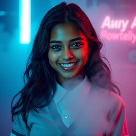 Professional photography of Anyataylorjoy joyfully smiling, dressed in a chic schoolgirl outfit, radiant olive skin, flawlessly composed features, surrounded by a vibrant neon-hued misty backdrop, enveloped in atmospherically rich volumetric fog. Captured in stunning hyperrealism with subtle indirect lighting that enhances every intricate detail, this breathtaking image is rendered in 8k ultra-high definition, evoking an enchanting yet sophisticated aura.