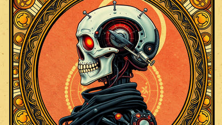 Tarot card featuring a highly detailed ornate frame encircling the edge | side profile of a cybernetic figure with a futuristic cyborg skull | set in a cyberpunk world | designed in the Art Nouveau style | intensely detailed | adorned with intricate embellishments | high-definition digital art | concept art with vibrant colors | unique twist with a hint of digital glitch aesthetics.