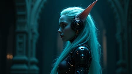 AI Elf Galadriel Design Elf Galadriel adorned in futuristic robotic attire, set against a shadowy backdrop, wearing sleek earphones. The scene is illustrated in the style of daz3d anime art, with a color palette dominated by cyan and black. Styled with elements of sandalpunk and infused with a playful babycore twist, the image is captured with the clarity of a ricoh ff-9d camera, portraying an ethereal yet technologically advanced version of Galadriel. The composition is intriguing, blending fantasy elements with a modern robotic flair.