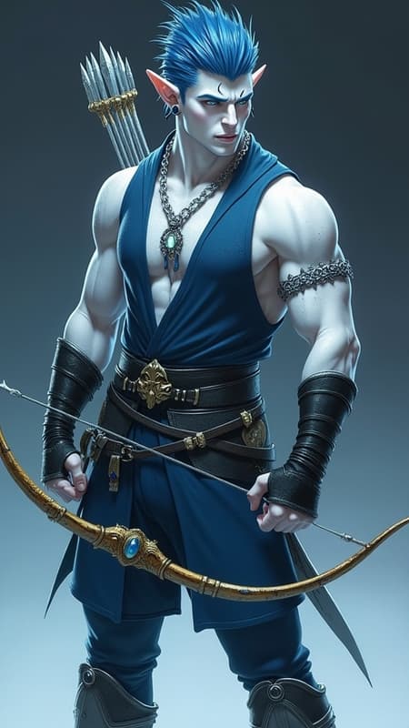 Faerie and Fantasy, The Dreaming. Elf. Moon Elf, pale white elf. Hypermasculine male. Short, stocky, wide shouldered, broad chested, narrow waist, sinewy, well defined. Strong, muscular. Pale white skin the color of snow, dusted in glittery moondust. Short length dark indigo-blue hair, short on sides and spiky on top. {{{SHORT HAIR, INDIGO BLUE HAIR}}}. Sparkling silver eyes, playful and cheery. Handsome rugged masculine face, strong brow and chin, cleft in chin. Indigo-Blue soul-patch on face below bottom lip. Sharp Elf ears. His skin is dusted in silvery glitter. Silver talisman with crystal quartz pendant around his neck. Navy blue sleeveless shirt unbuttoned to navel, revealing his chest. Silver arm bands above his biceps, silver earring in left ear, along with silver ear cuffs. Black leather fingerless gloves, black leather bracers on arms. Black leather belt around waist, silver and sapphire belt buckle. Navy blue rangers pants/tights, form fitting and smooth over powerful legs and bulge in groin. Soft gray boots, knee-high and slouchy/supple bucket boots. He holds a golden magical bow. He has a soft, silvery aura under moonlight, signifying elven magic. Full body pose, he is the archer, the Dream Archer. Faerie and Fantasy, The Dreaming. Elf. Moon Elf, pale white elf. Hypermasculine male. Short, stocky, wide shouldered, broad chested, narrow waist, sinewy, well defined. Strong, muscular. Pale white skin the color of snow, dusted in glittery moondust. Short length dark indigo-blue hair, short on sides and spiky on top. {{{SHORT HAIR, INDIGO BLUE HAIR}}}. Sparkling silver eyes, playful and cheery. Handsome rugged masculine face, strong brow and chin, cleft in chin. Indigo-Blue soul-patch on face below bottom lip. Sharp Elf ears. His skin is dusted in silvery glitter. Silver talisman with crystal quartz pendant around his neck. Navy blue sleeveless shirt unbuttoned to navel, revealing his chest. Silver arm bands above his biceps, silver earring in left ear, along with silver ear cuffs. Black leather fingerless gloves, black leather bracers on arms. Black leather belt around waist, silver and sapphire belt buckle. Navy blue rangers pants/tights, form fitting and smooth over powerful legs and bulge in groin. Soft gray boots, knee-high and slouchy/supple bucket boots. He holds a golden magical bow. He has a soft, silvery aura under moonlight, signifying elven magic. Full body pose, he is the archer, the Dream Archer.