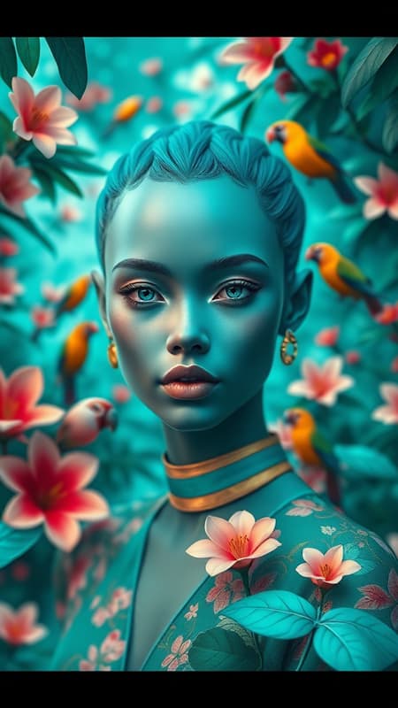 Fashion-inspired portrait of a teal human-like avatar in a vibrant turquoise jungle filled with exotic blossoms and colorful birds, hyper-realistic 3D render, photorealistic quality, symmetrical composition, rendered with high detail using Octane, shot with a 50mm lens for depth, featuring a dreamy bokeh effect, aspect ratio of 9:16.