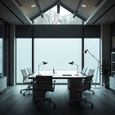 Modern office with an expansive front-facing window, featuring Eames Aluminum Group chairs and Flos Kelvin LED desk lamps, captured using a Sony Alpha 7R IV with a 50mm f/1.4 lens, blending natural and soft ambient lighting.